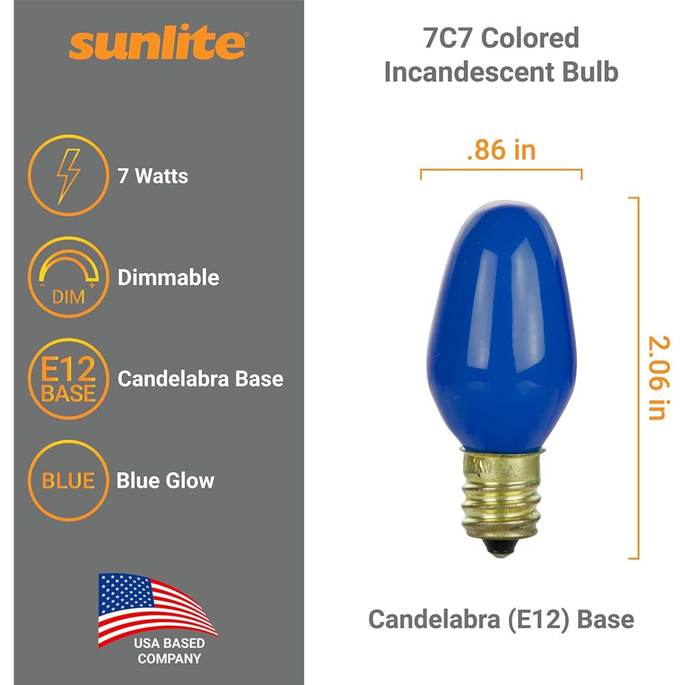 12Pk - Sunlite 7w 7C7 Incandescent E12 Base C7 Night Light Blue Colored Bulb