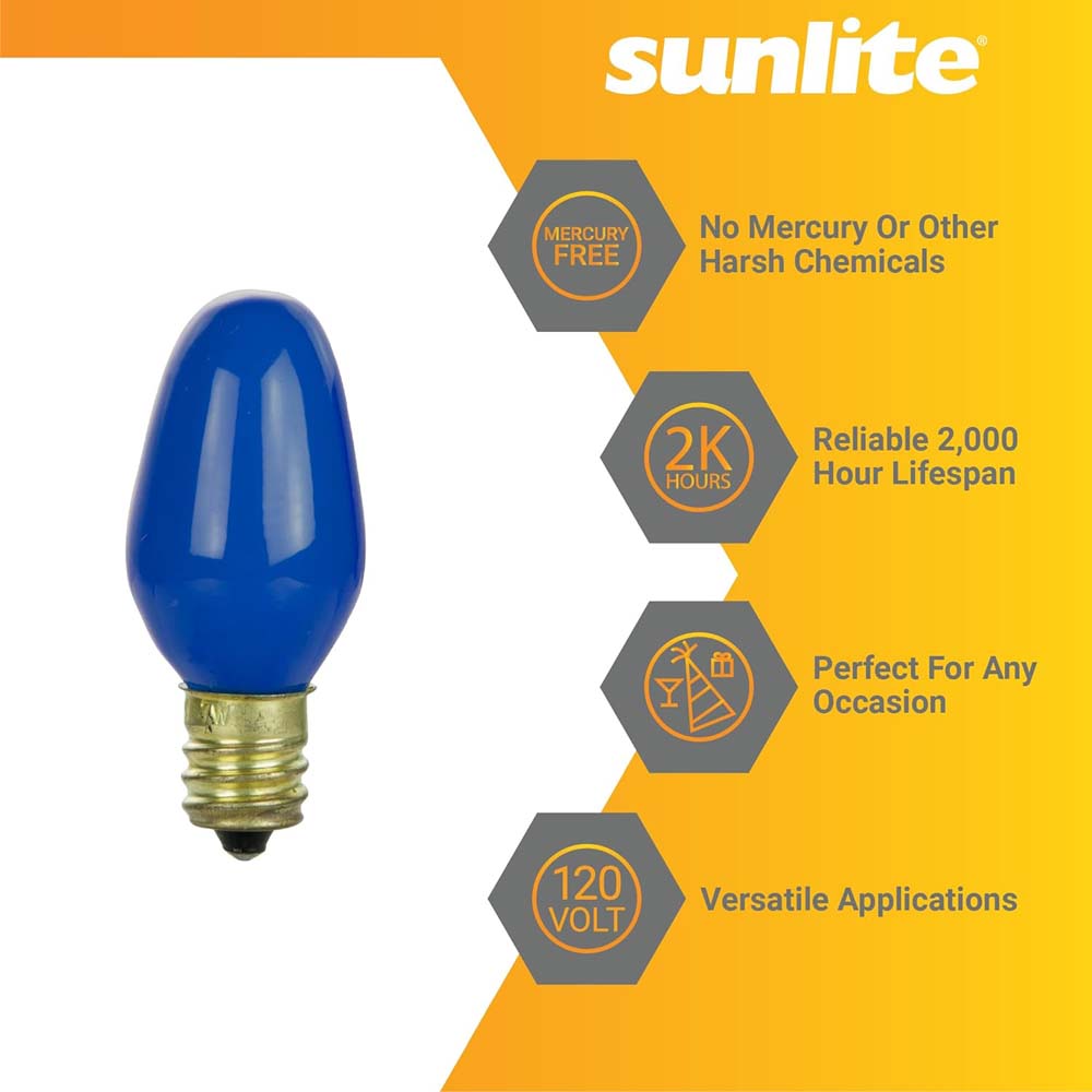 12Pk - Sunlite 7w 7C7 Incandescent E12 Base C7 Night Light Blue Colored Bulb