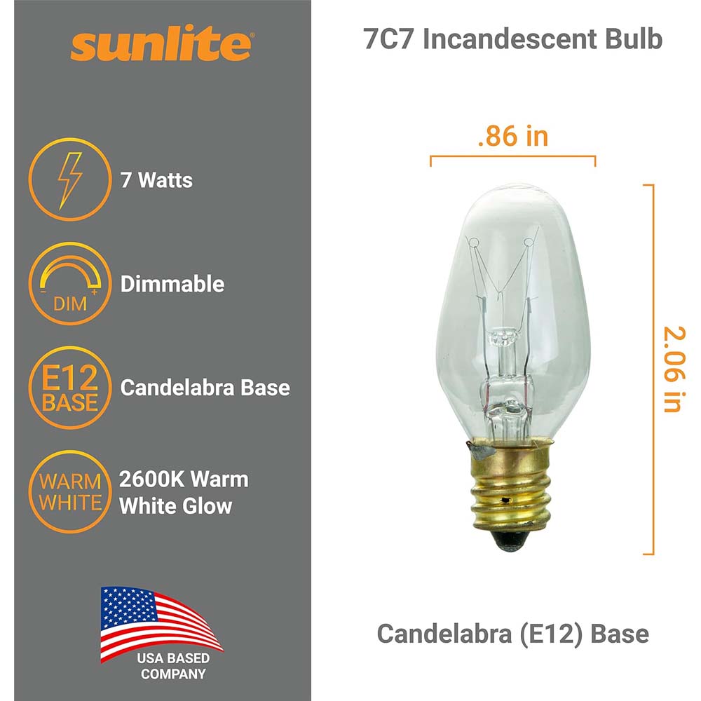 12Pk - Sunlite 7w 7C7 Incandescent E12 Base C7 Night Light Clear Colored Bulb