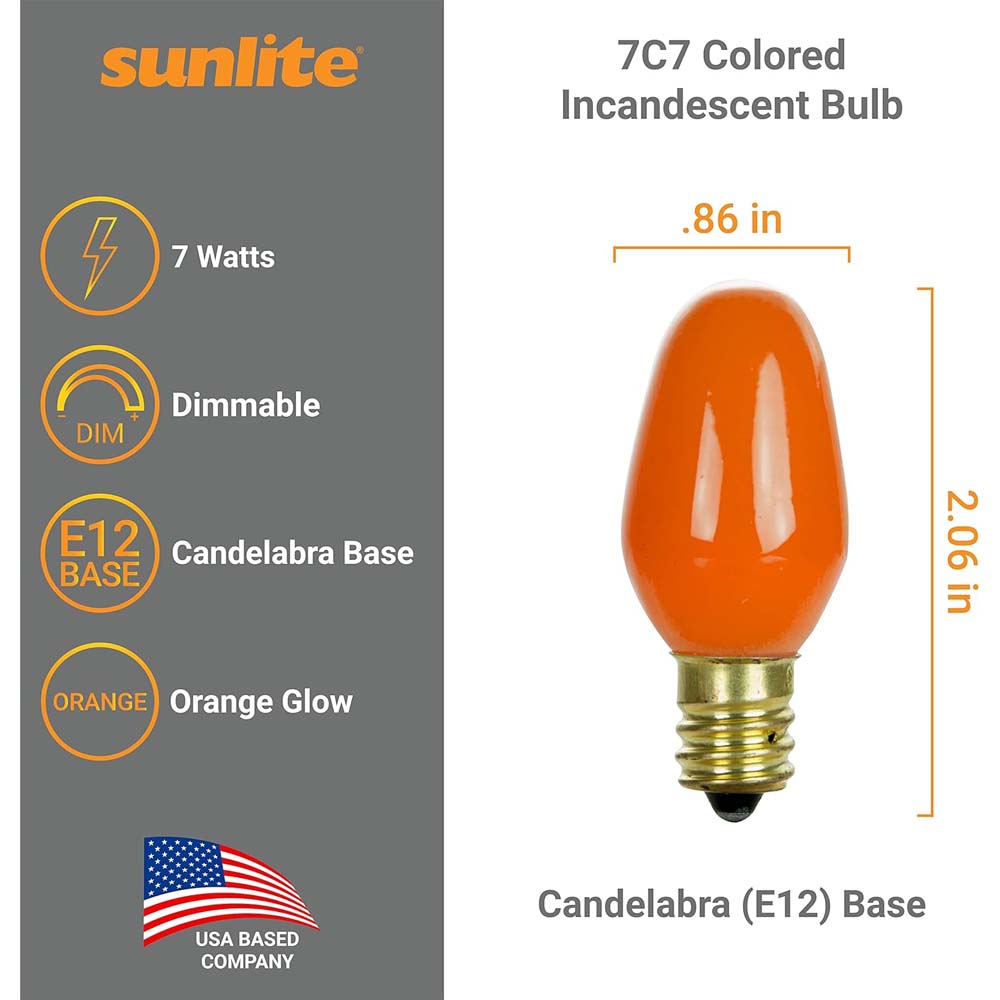 12Pk - Sunlite 7w7 7C7 Incandescent E12 Base C7 Night Light Orange Colored Bulb