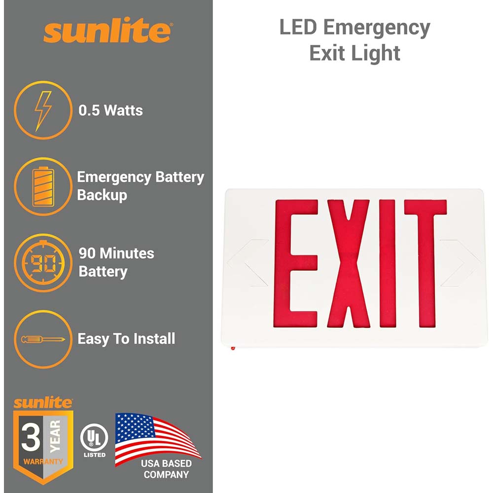 Sunlite 0.25w One or Two Face LED Exit Sign 90-Minute Battery Backup 120-277v