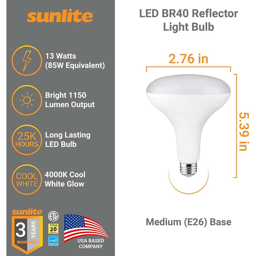 Sunlite 13w LED BR40 Reflector E26 Base Dimmable 4000K Bulb - 85w Equiv