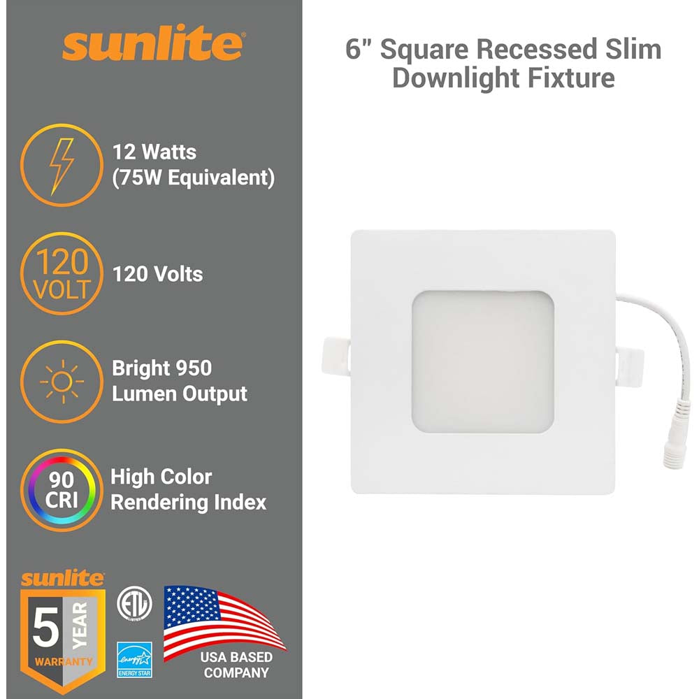 Sunlite 12w LED 6-in Square Recessed Slim Downlight CCT Selectable - 75W equiv