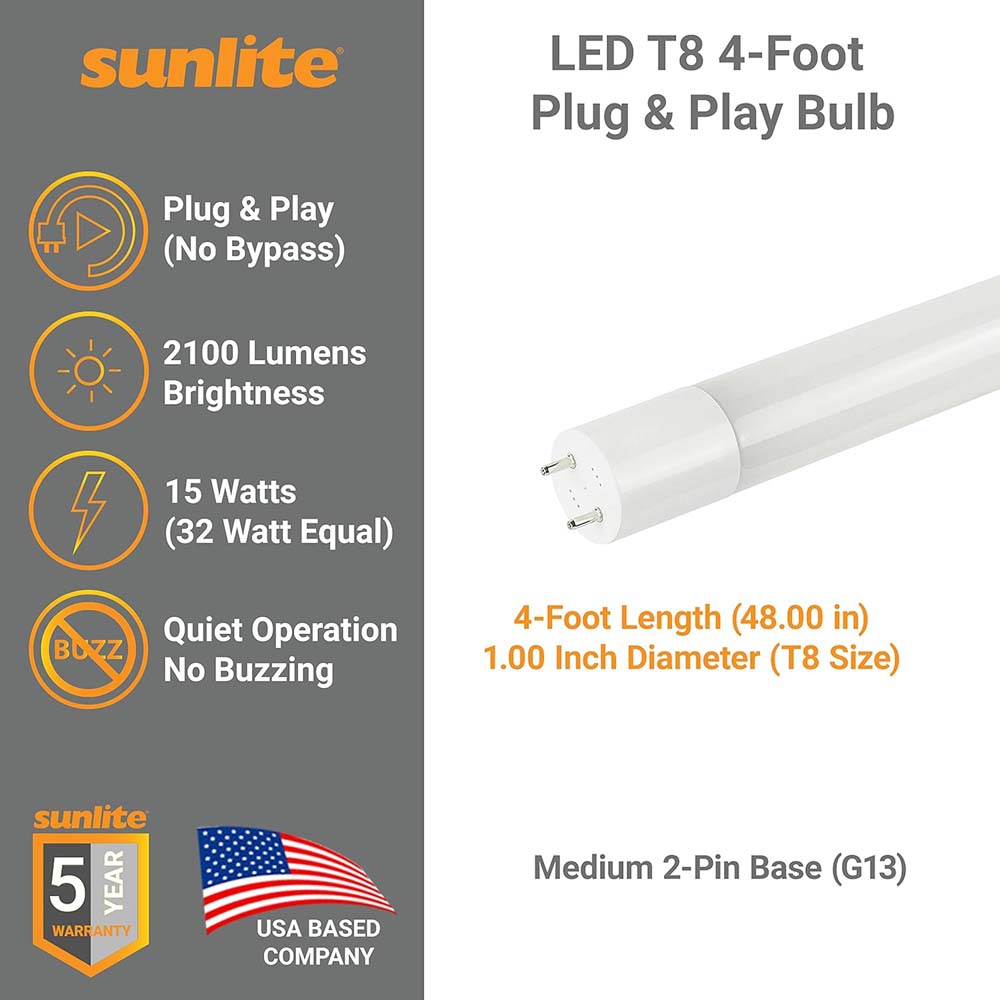 25Pk - Sunlite 15w LED T8 48-in G13 Bi-Pin Base 4000K Plug & Play light Tube