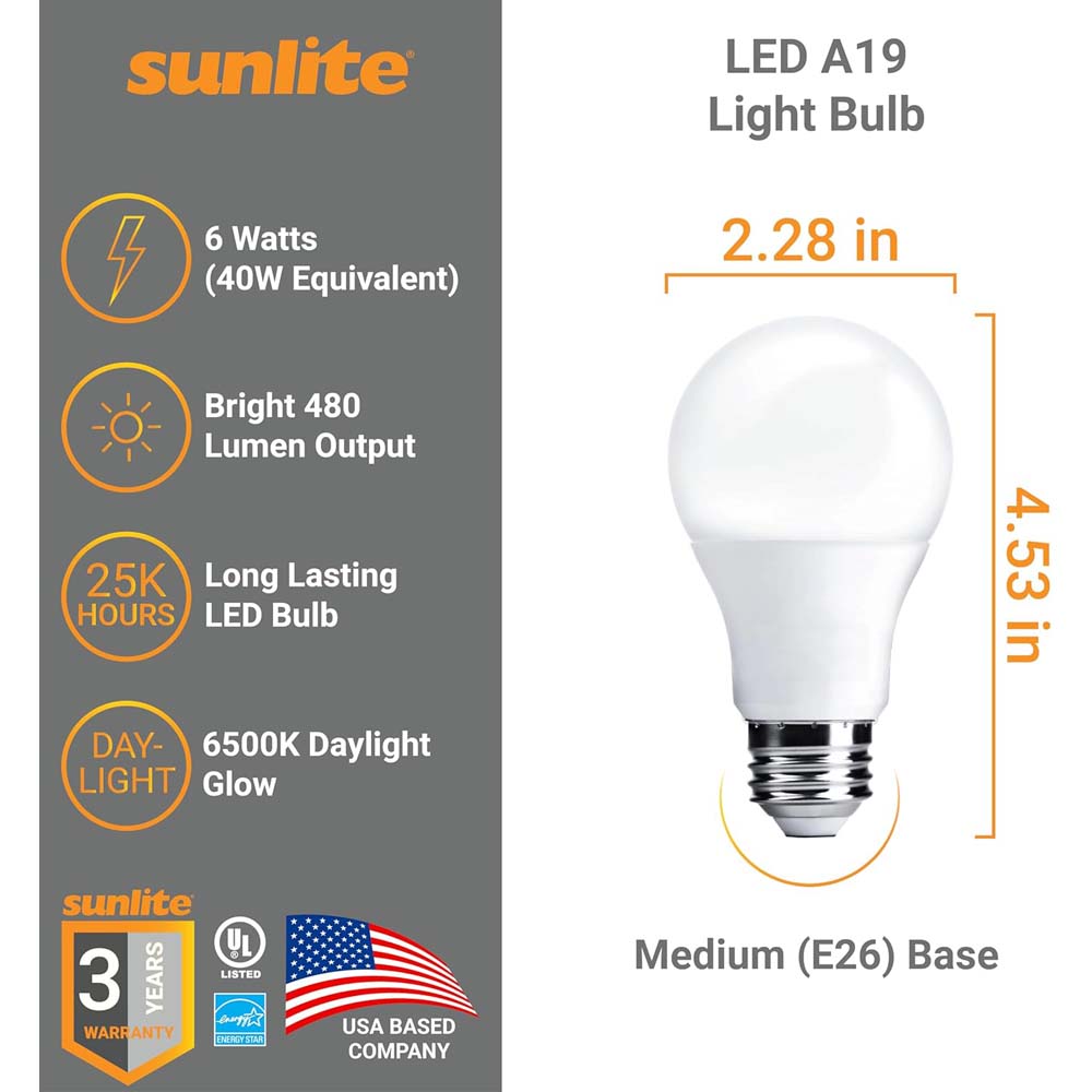 Sunlite 6w A19 LED 480Lm 120v Dimmable E26 Base 6500K Daylight Bulb - 40w equiv