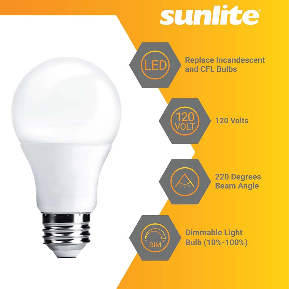 Sunlite 6w A19 LED 480Lm 120v Dimmable E26 Base 6500K Daylight Bulb - 40w equiv