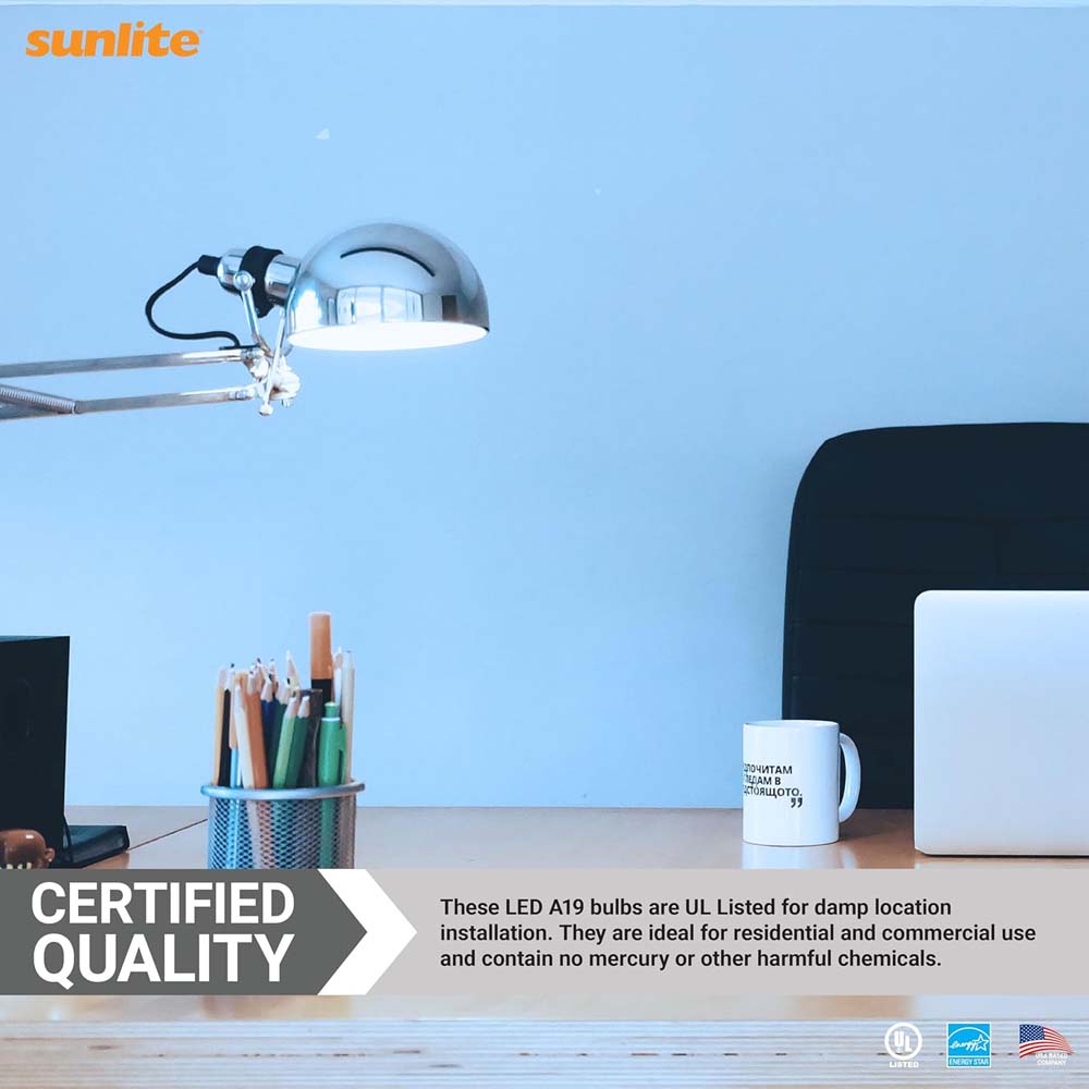 Sunlite 6w A19 LED 480Lm 120v Dimmable E26 Base 6500K Daylight Bulb - 40w equiv