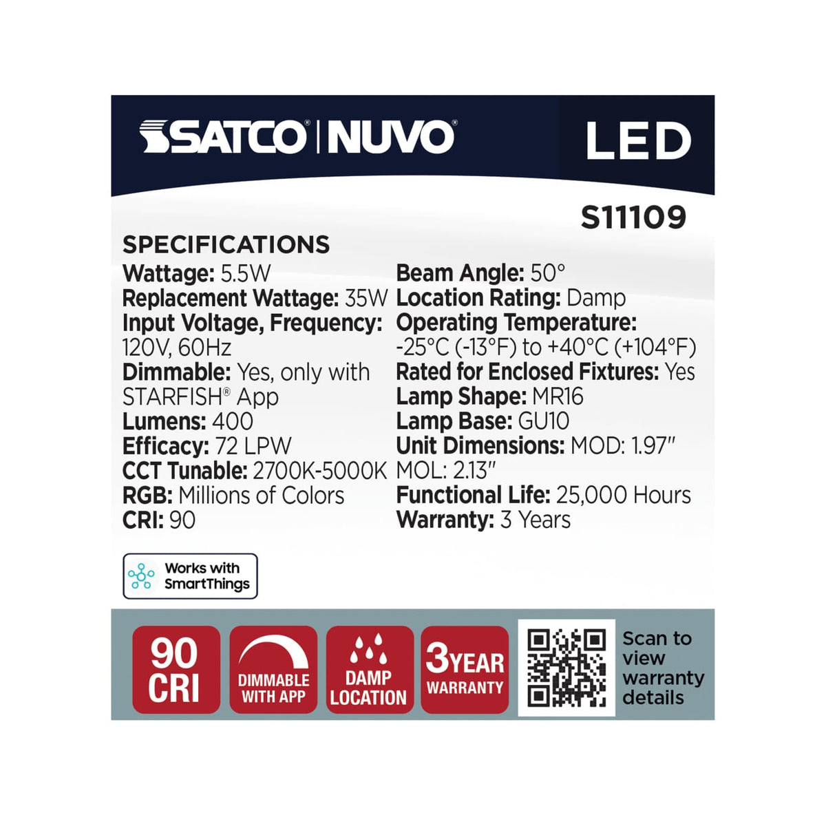 Satco MR 16 5.5W LED RGBTW Gu10 Star Fish 120v