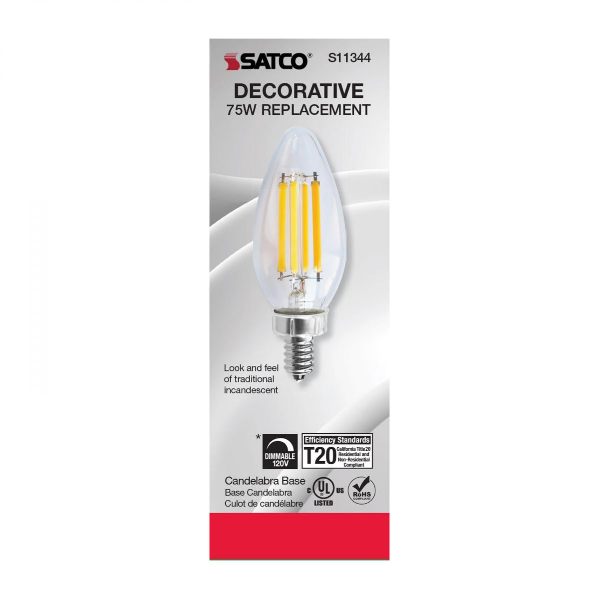 Satco 8w C11 LED 760Lm 4000K 120v Clear Finish Candelabra Base Bulb