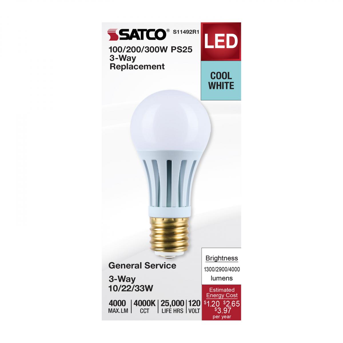 Satco PS25 LED Three-Way Lamp Wattage Tunable 4000K E39d Mogul Base 120v