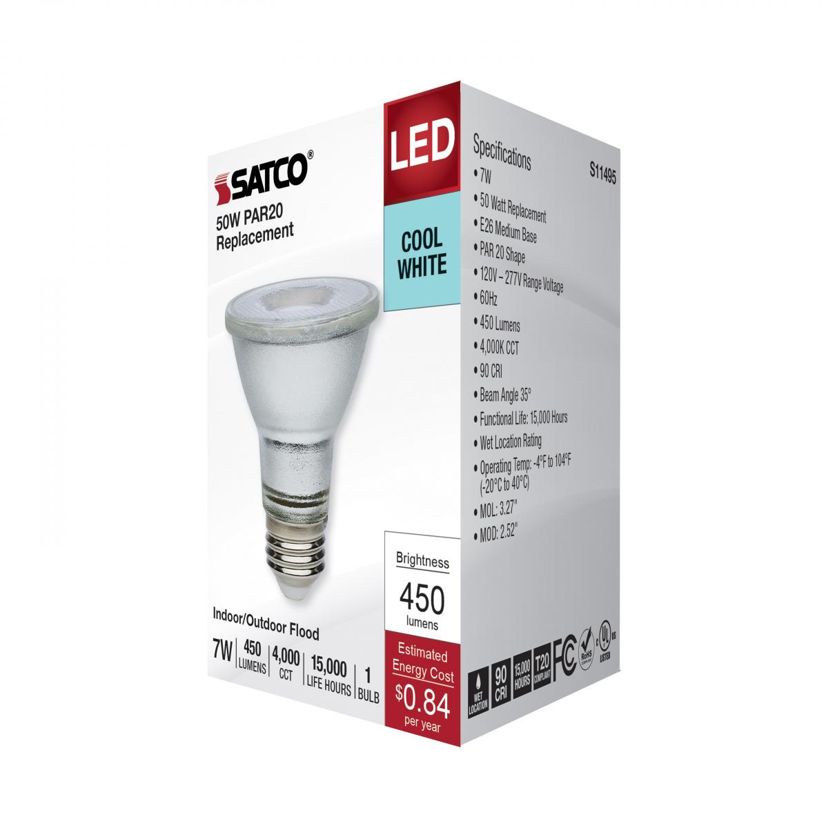 Satco 7w Econo LED PAR20 4000K 35deg 120-277v Silver Finish Bulb