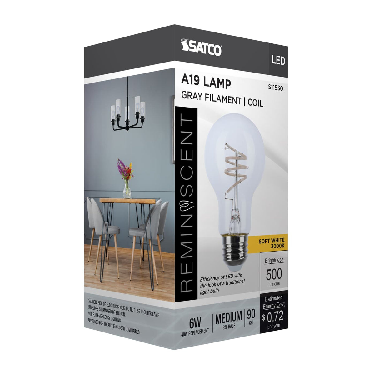 Satco 6w A19 LED Reminiscent Flex Gray Coil Filament E26 3000K 120v Bulb