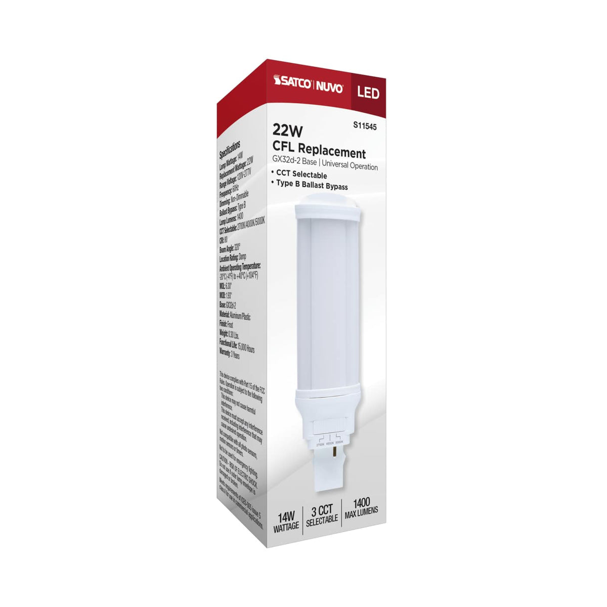 Satco 14w LED PL CCT Selectable GX32d-2 Base 22W CFL Replacement 120-277v Bulb