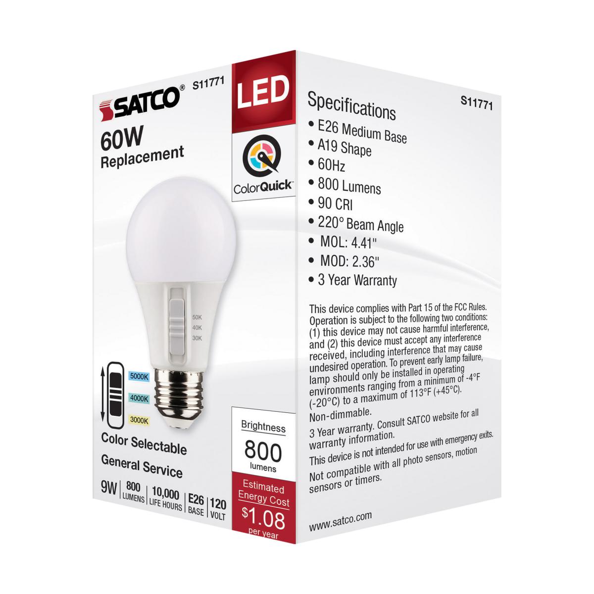 Satco 9w A19 LED 120v CCT Selectable 90 CRI White Finish Bulb