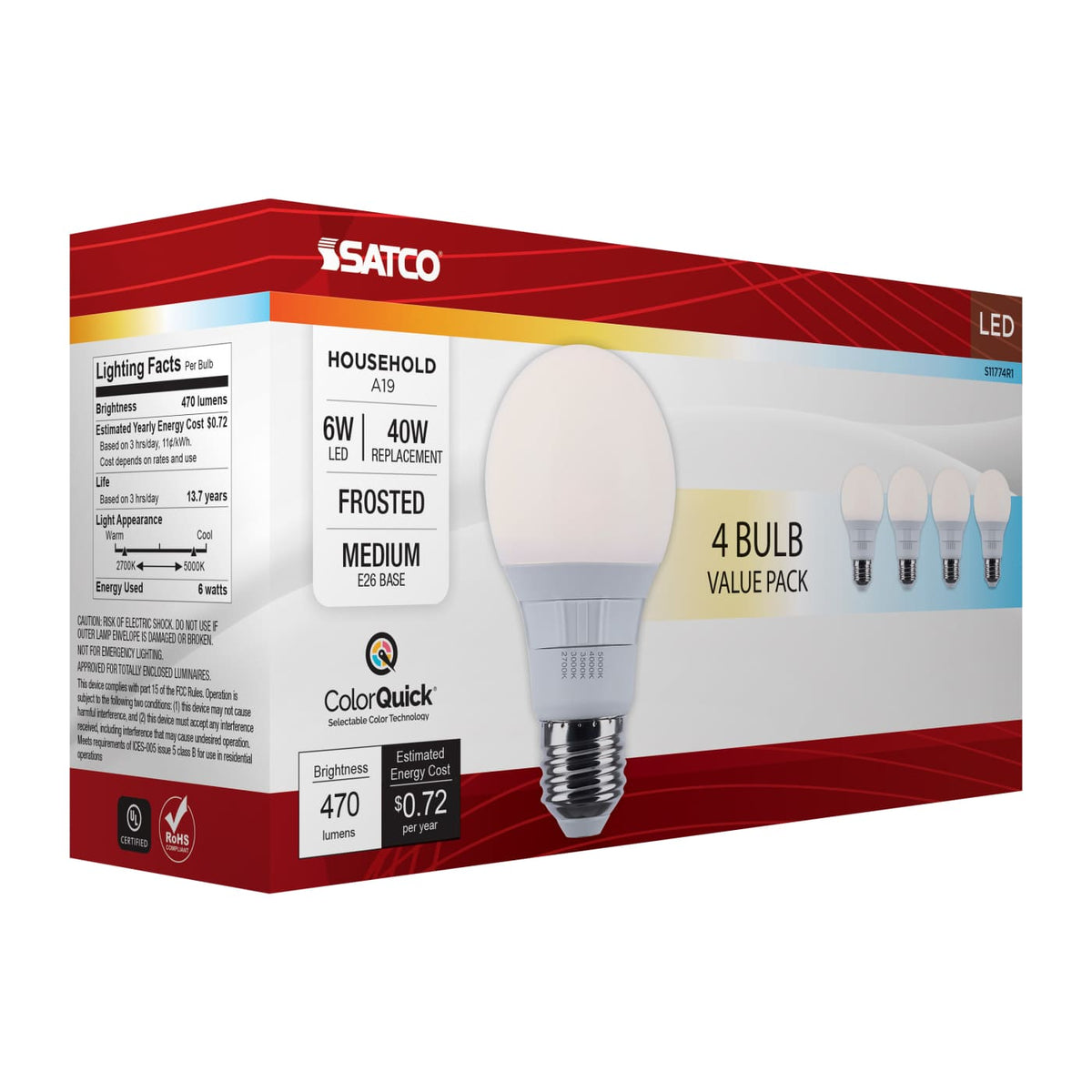 4Pk - Satco 6w A19 LED CCT Selectable Medium Base Frost Finish 120v Bulb
