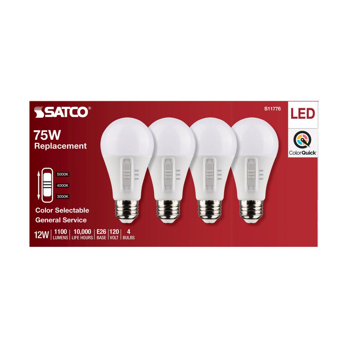 4Pk - Satco 12w A19 LED 120v CCT Selectable 90 CRI White Finish Bulb