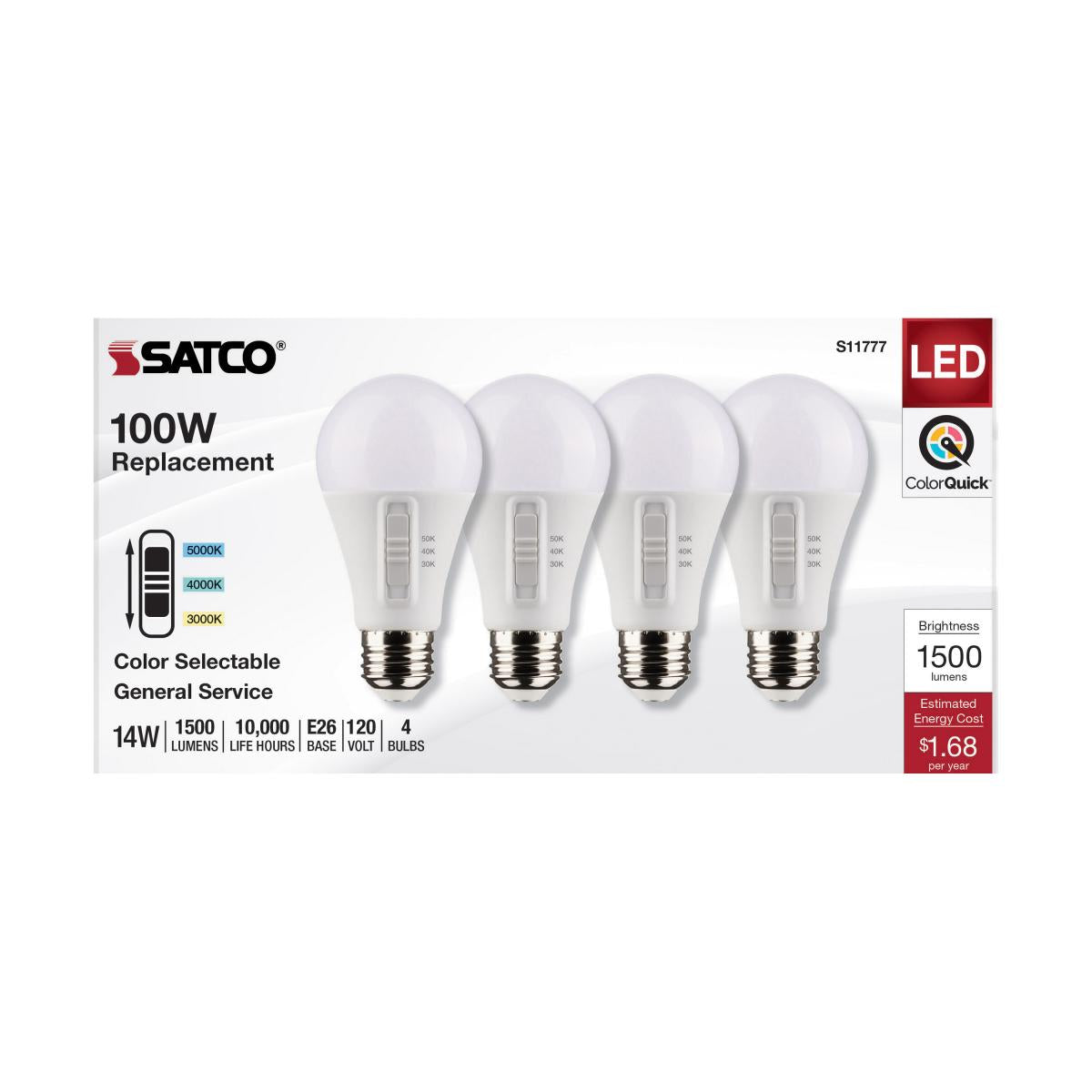 4Pk - Satco 14w A19 LED 120v CCT Selectable 90 CRI White Finish Bulb