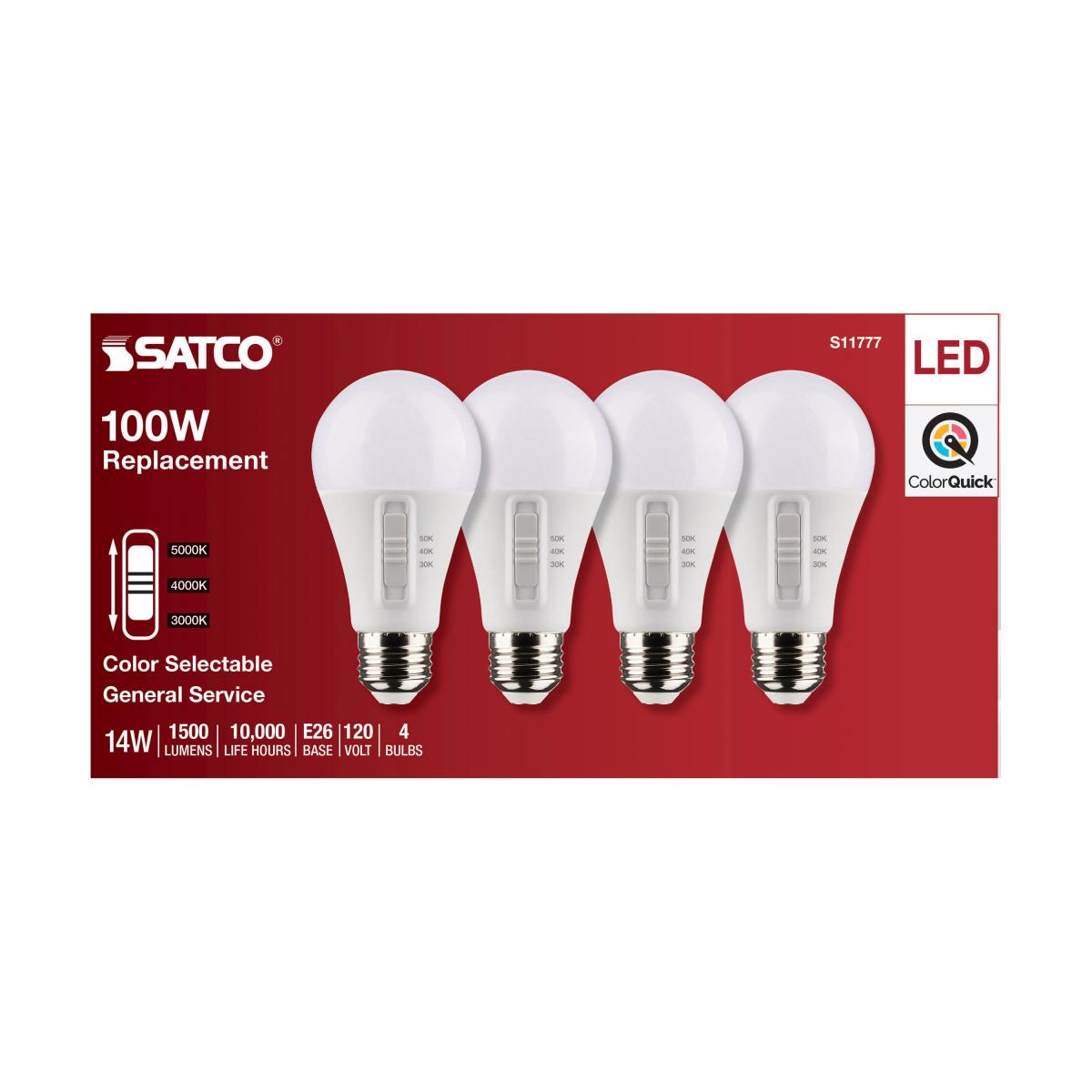 4Pk - Satco 14w A19 LED 120v CCT Selectable 90 CRI White Finish Bulb