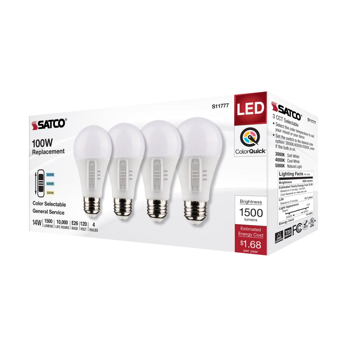 4Pk - Satco 14w A19 LED 120v CCT Selectable 90 CRI White Finish Bulb