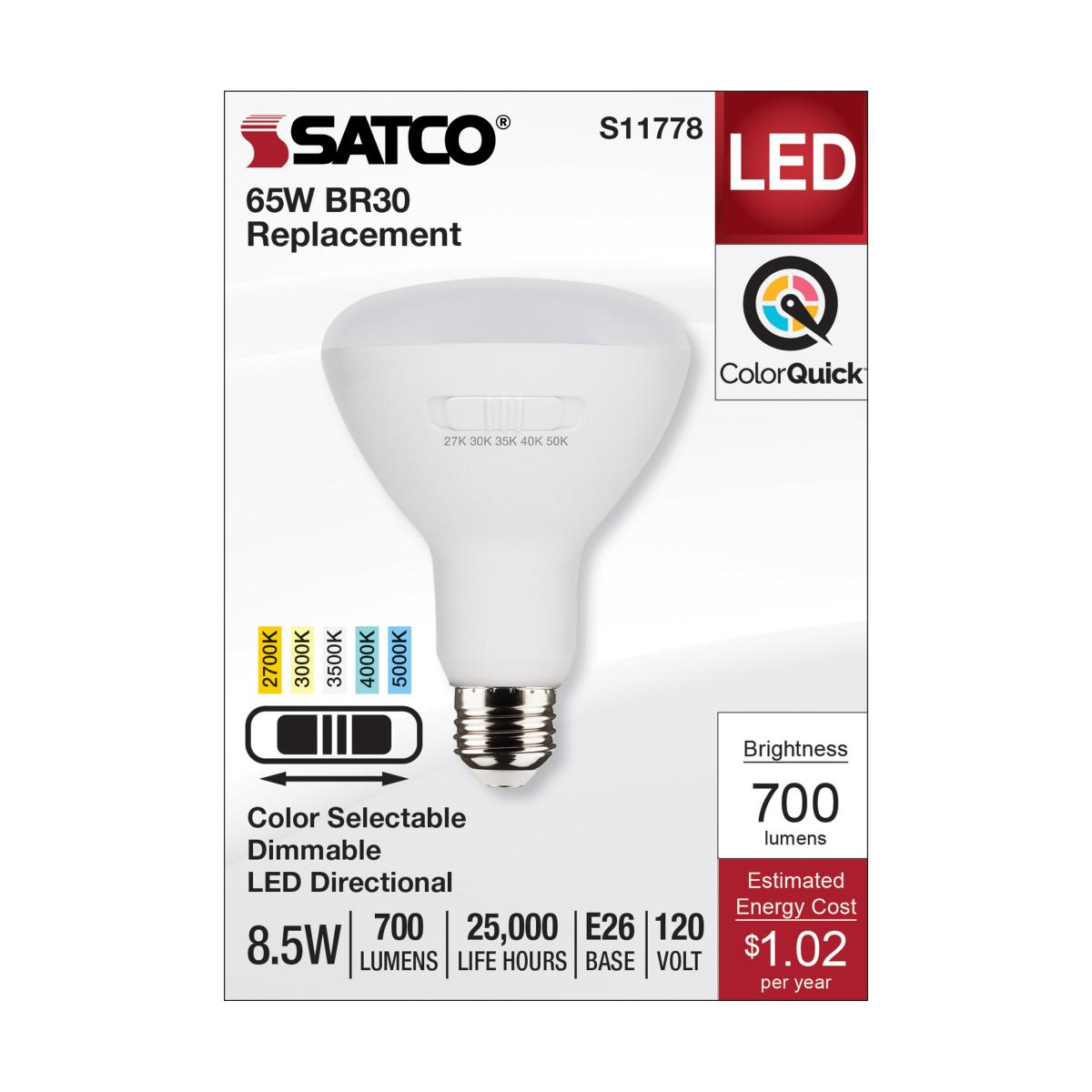 Satco 8.5w BR30 LED 120v CCT Selectable 90 CRI White Finish Bulb