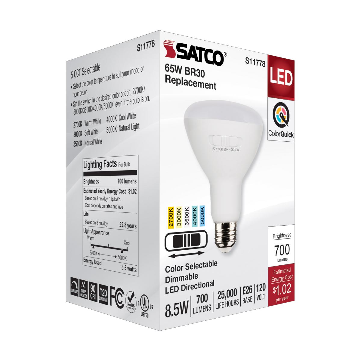 Satco 8.5w BR30 LED 120v CCT Selectable 90 CRI White Finish Bulb