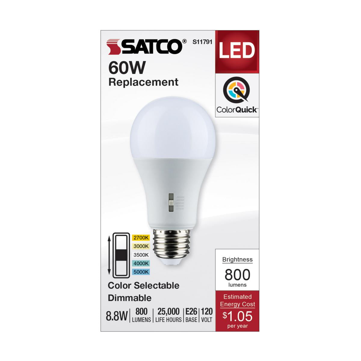 Satco 8.8w A19 LED Medium Base 120v CCT Selectable White Finish Bulb