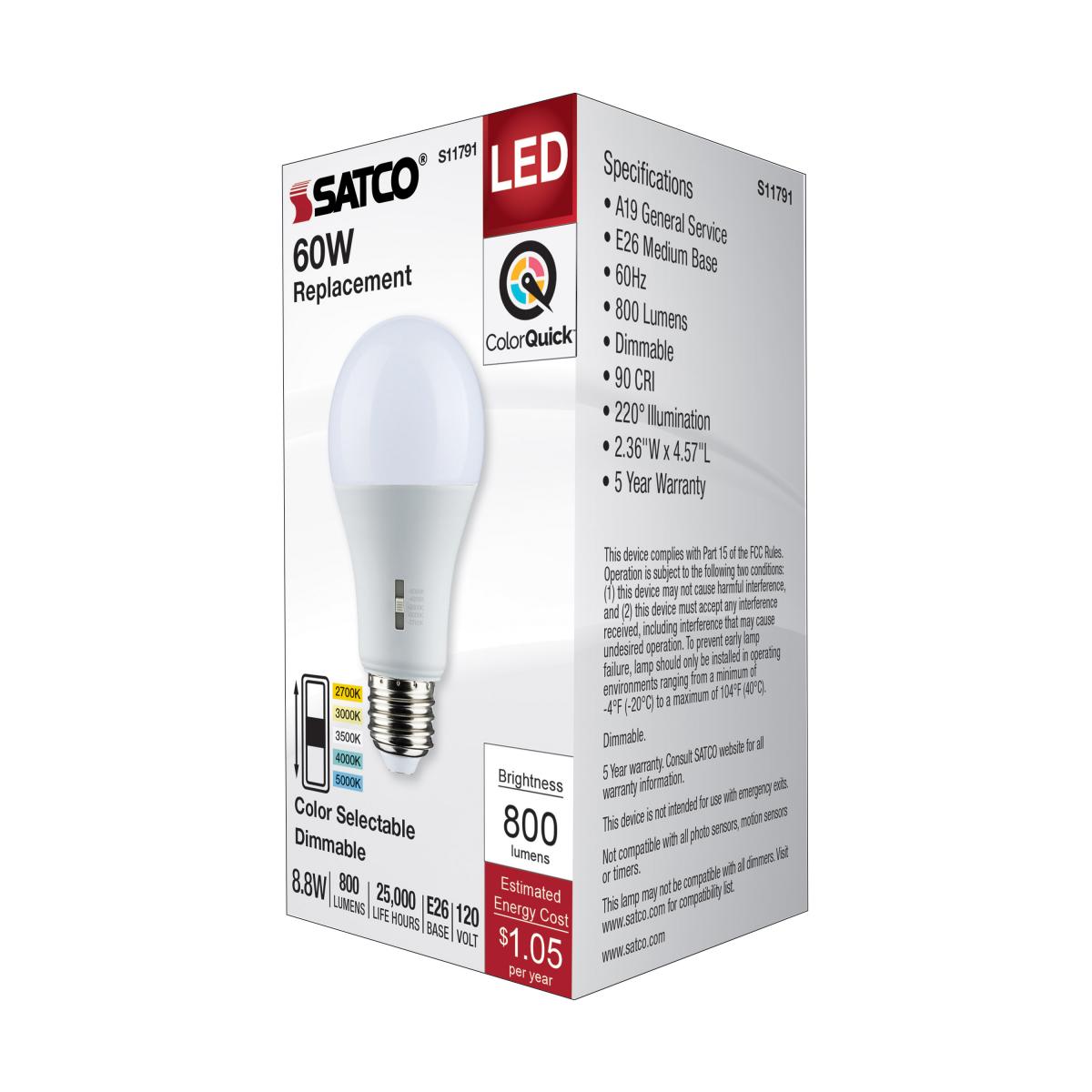 Satco 8.8w A19 LED Medium Base 120v CCT Selectable White Finish Bulb