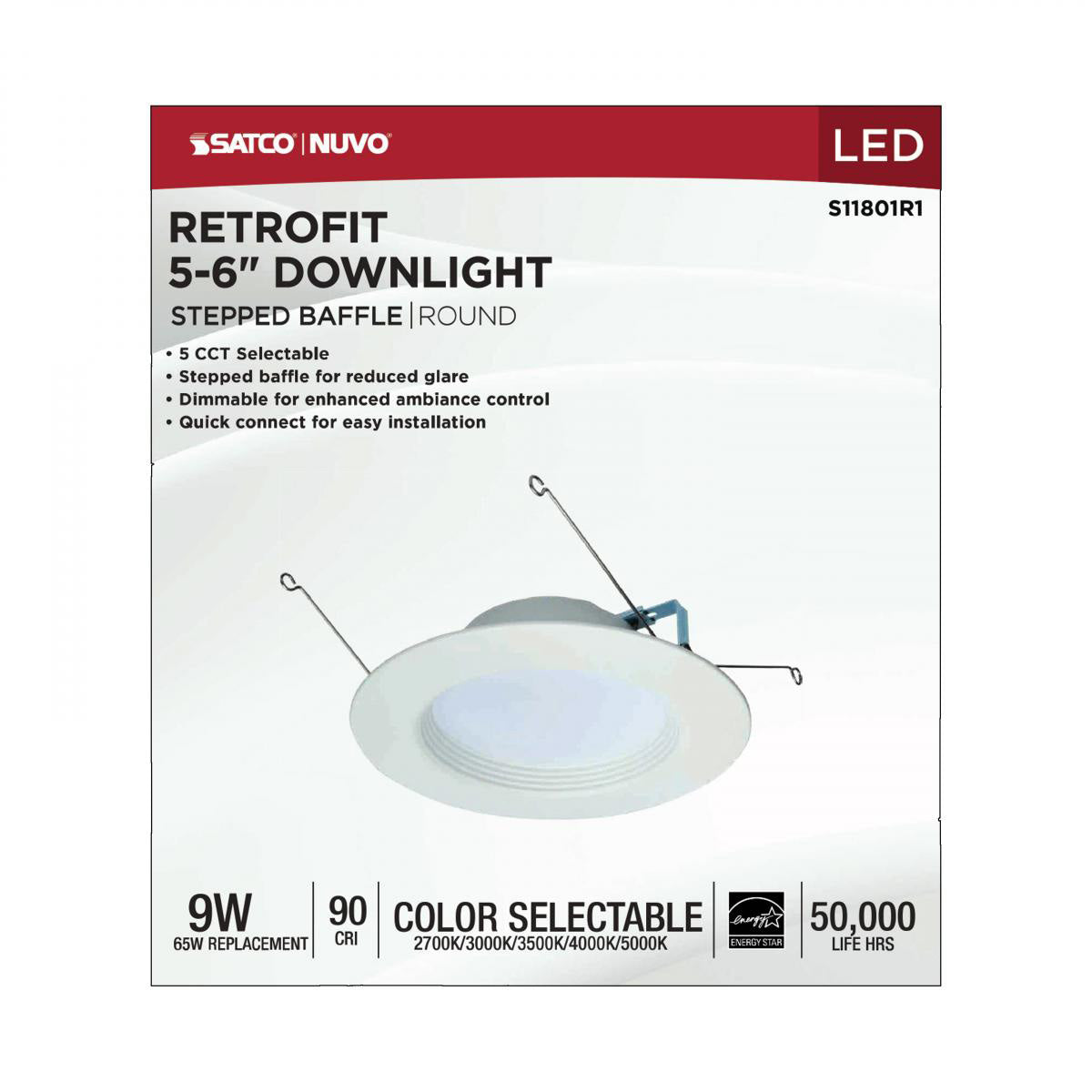 Satco 9w LED Downlight Retrofit 5-6" Adjustable Color Temperature 120v Dimmable