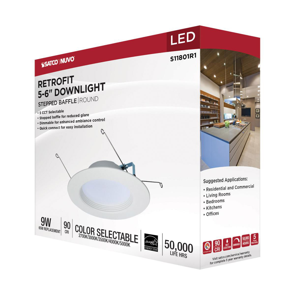Satco 9w LED Downlight Retrofit 5-6" Adjustable Color Temperature 120v Dimmable