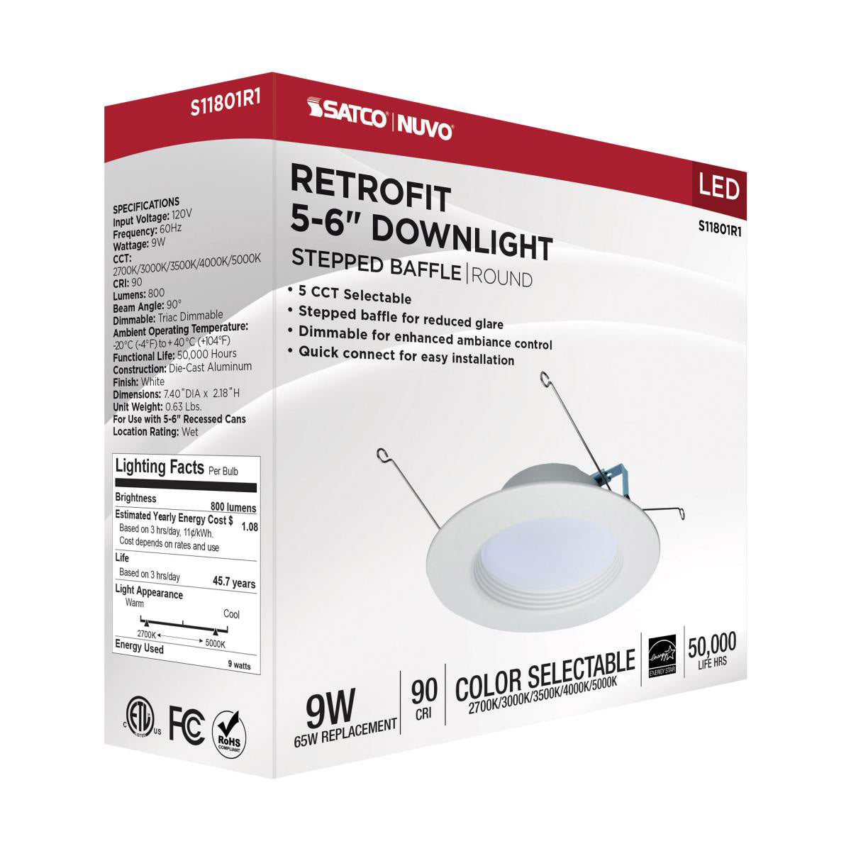 Satco 9w LED Downlight Retrofit 5-6" Adjustable Color Temperature 120v Dimmable