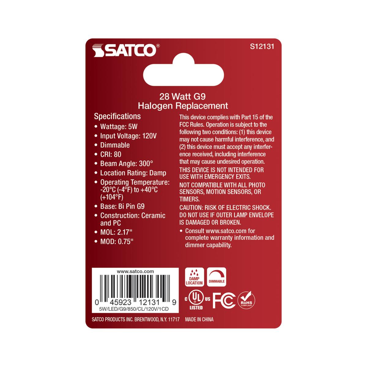 Satco 5w Mini LED G9 Double Loop Base 120v 5000K Clear Finish Bulb