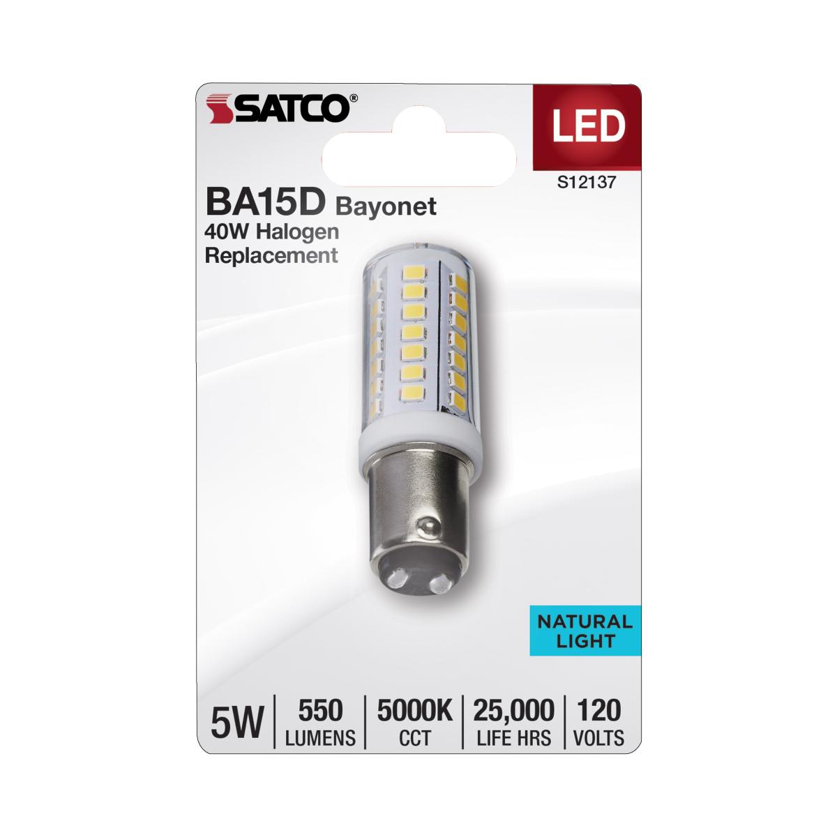 Satco 5w Mini LED BA15d Bayonet Double Contact Base120v 5000K Clear Finish Bulb