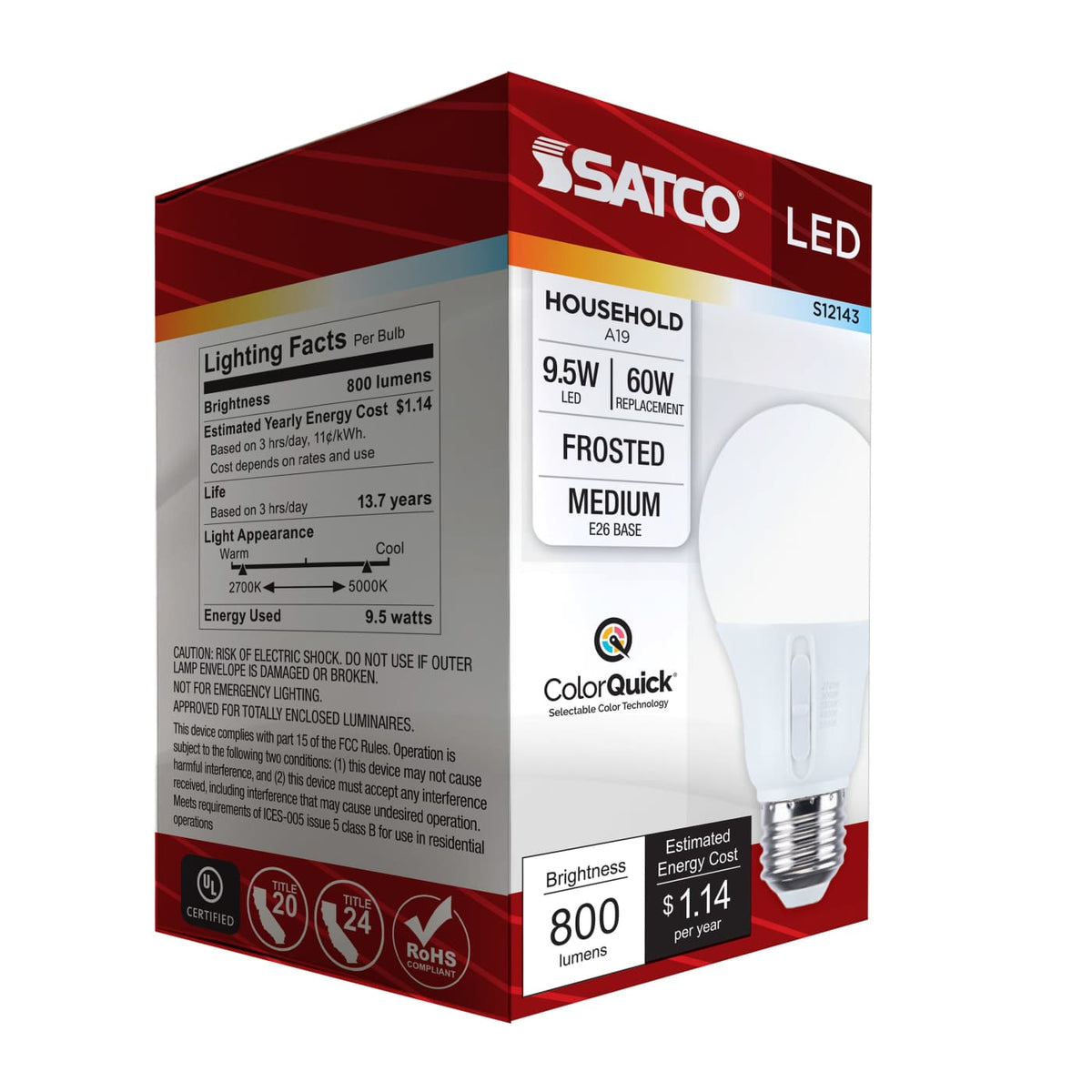 Satco 9.5w LED A19 CCT Selectable Medium Base 120v Bulb