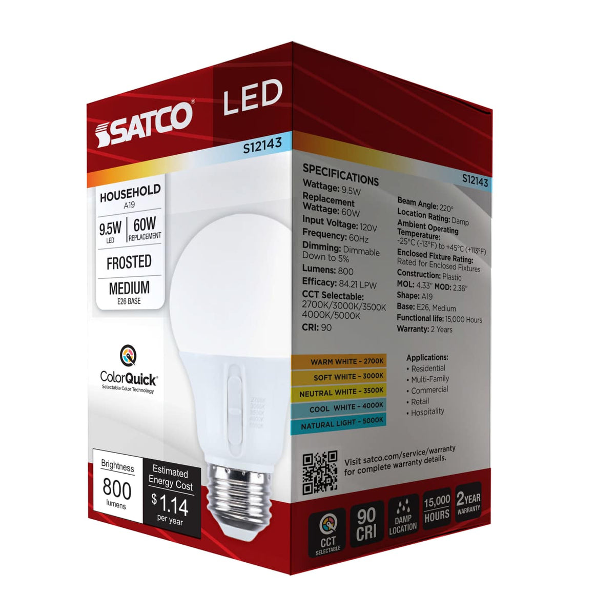 Satco 9.5w LED A19 CCT Selectable Medium Base 120v Bulb