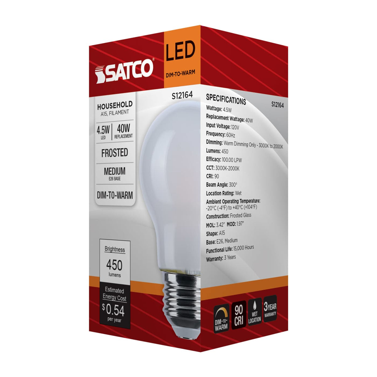 Satco 4.5w LED A15 3000K-2000K Warm Dimming Medium Base Frost Finish Bulb