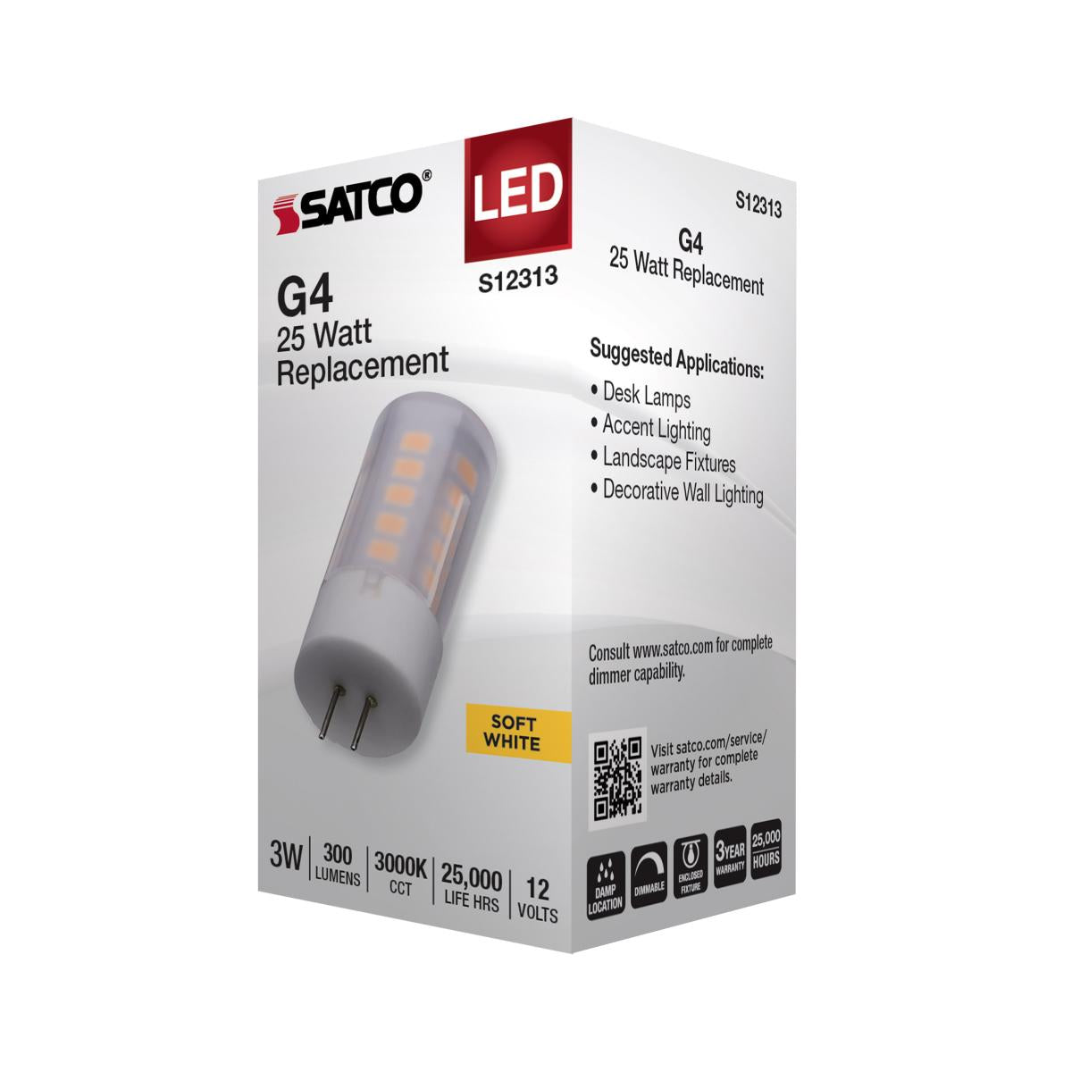 Satco 3w T5 LED12v Bi Pin G4 Base 3000K Frosted Finish Bulb