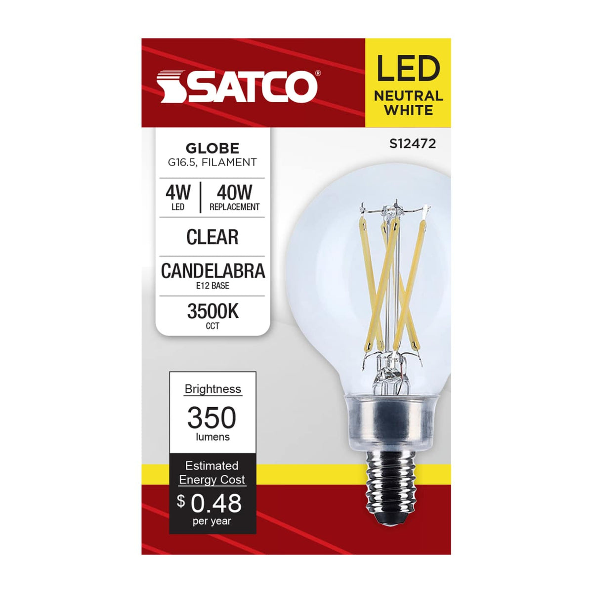 Satco 4w G16.5 LED Candelabra Base Clear 3500K CCT 120v Bulb