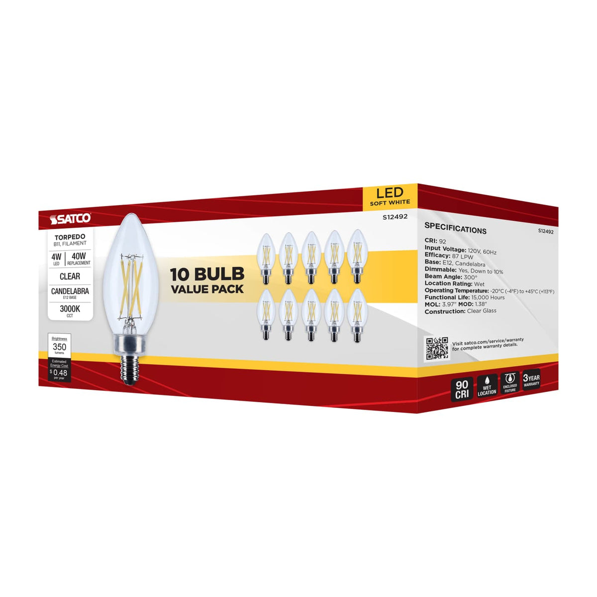 10Pk - Satco 4w B11 LED Candelabra Base Clear 3000K CCT 120v Bulb