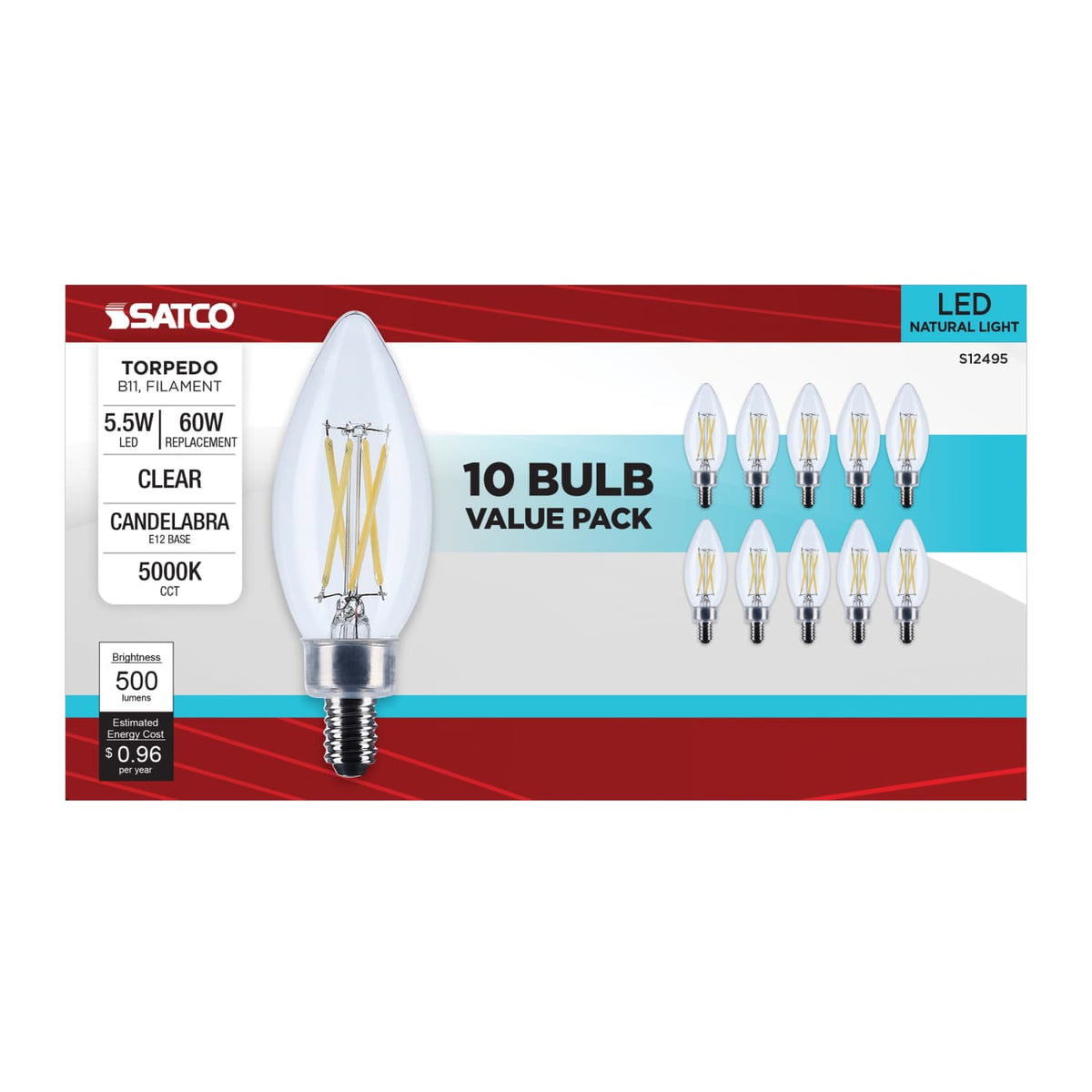 10Pk - Satco 5.5w B11 LED Candelabra Base Clear 5000K CCT 120v Bulb
