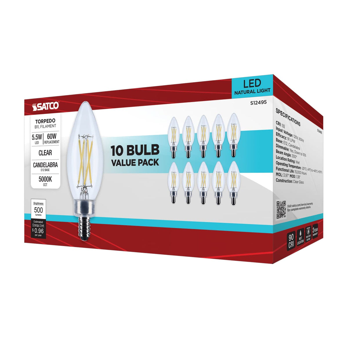 10Pk - Satco 5.5w B11 LED Candelabra Base Clear 5000K CCT 120v Bulb