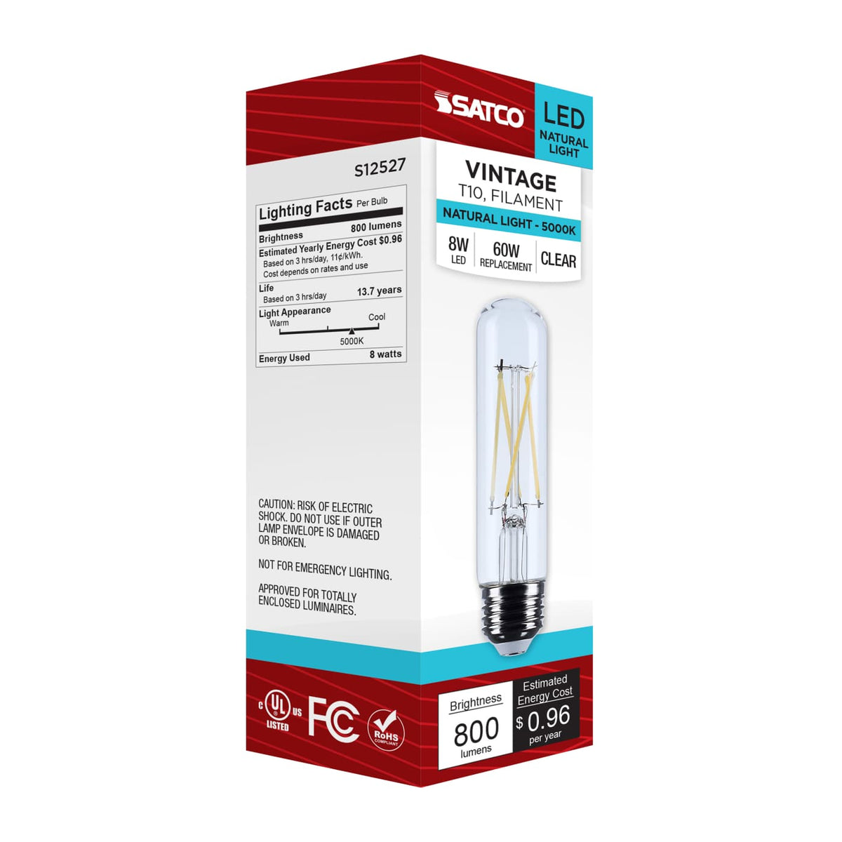 Satco 8w T10 LED Medium Base Clear 5000K CCT 120v Bulb