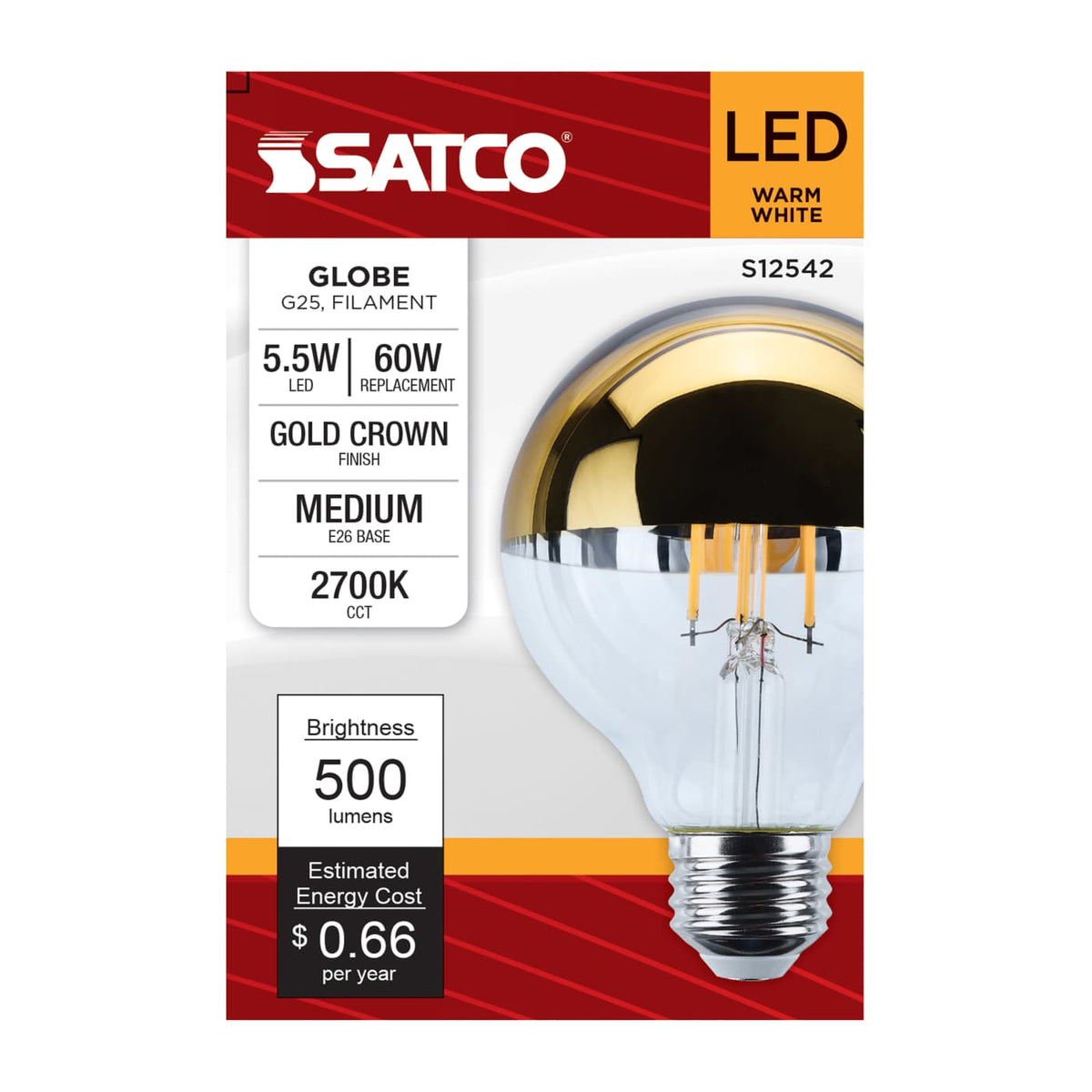 Satco 5.5w G25 LED Medium Base 2700K CCT Gold Crown 60w Replacement Bulb
