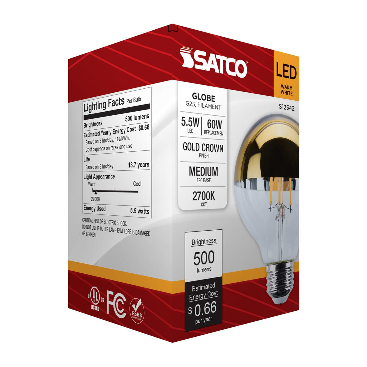 Satco 5.5w G25 LED Medium Base 2700K CCT Gold Crown 60w Replacement Bulb
