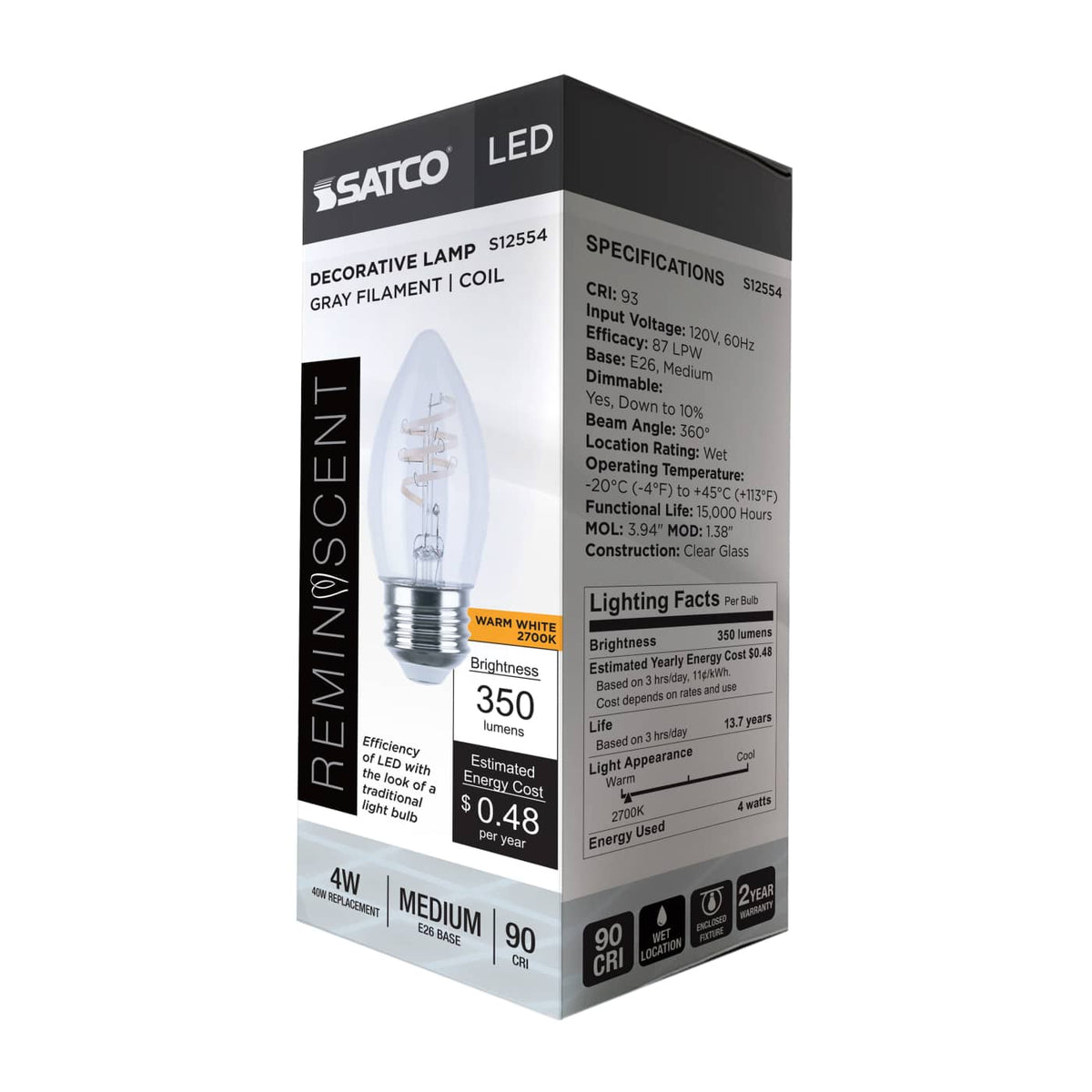 Satco 4w B11 LED Reminiscent Flex Gray Coil Filament E26 2700K 120v Bulb