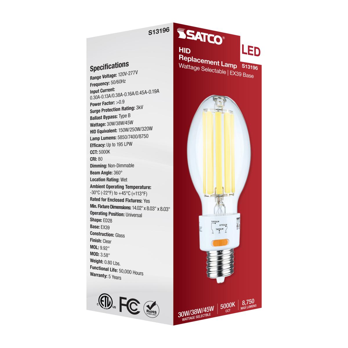 Satco LED HID Replacement ED28 Wattage Tunable 5000K EX39 Base 120-277v Bulb