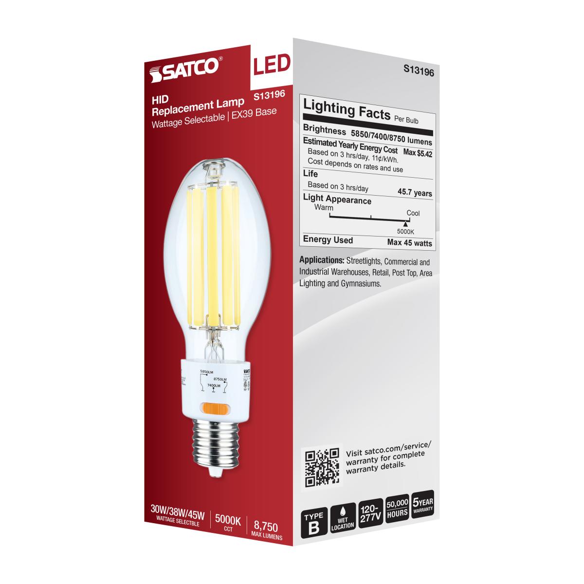 Satco LED HID Replacement ED28 Wattage Tunable 5000K EX39 Base 120-277v Bulb