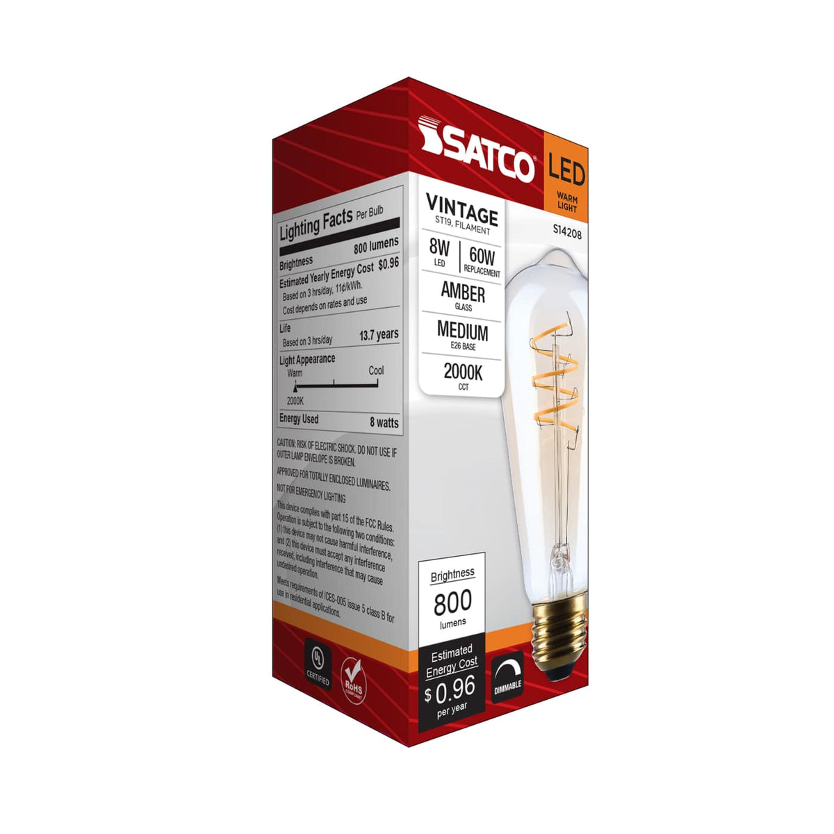 Satco 8w ST19 LED 2000K CCT Selectable E26 Base Clear Glass 120v Bulb