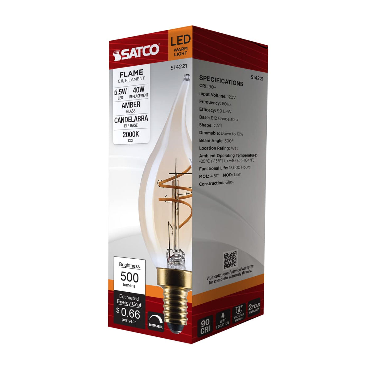 Satco 5.5w CA11 LED 2000K CCT Candelabra Base Clear Glass 120v Bulb
