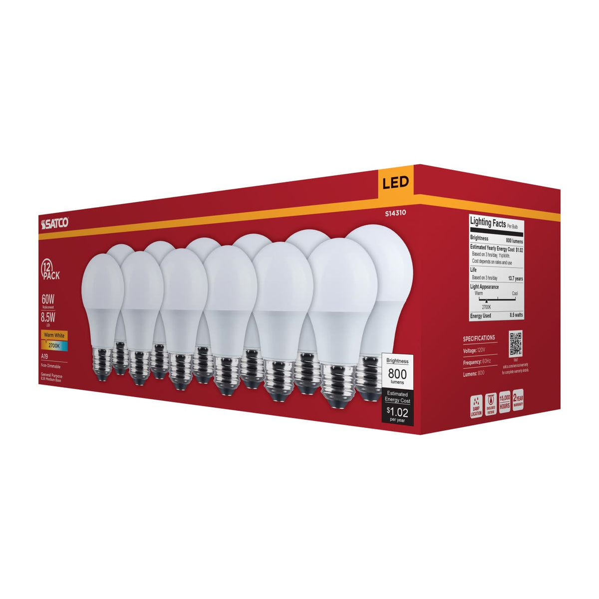 12Pk - Satco 8.5w LED A19 2700K CCT Selectable E26 Base 120v Bulb