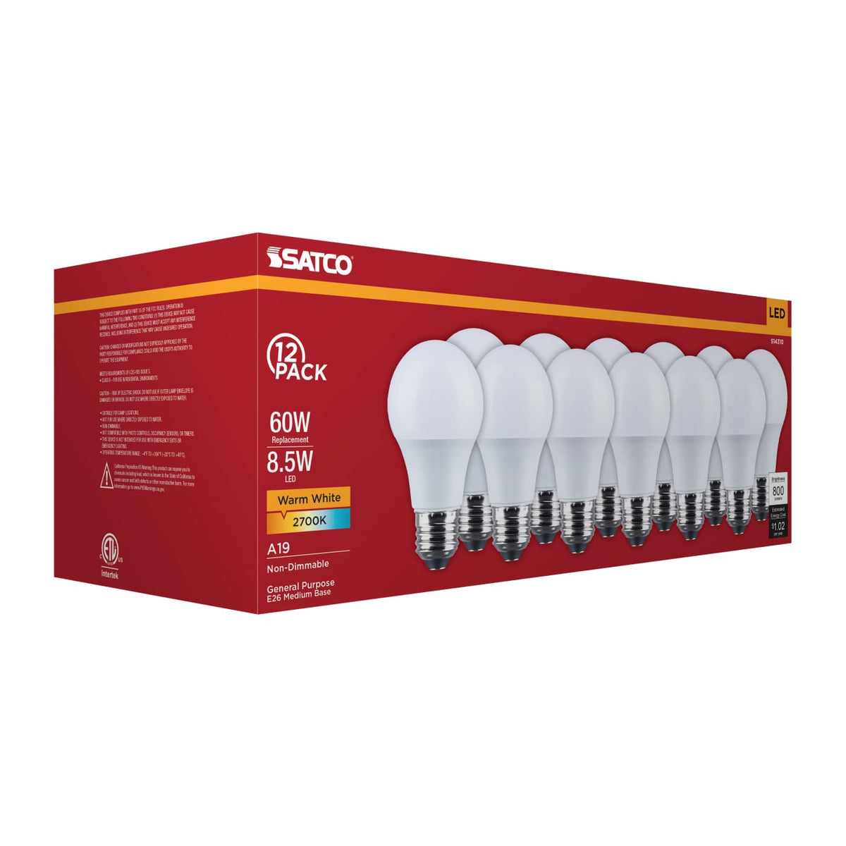 12Pk - Satco 8.5w LED A19 2700K CCT Selectable E26 Base 120v Bulb